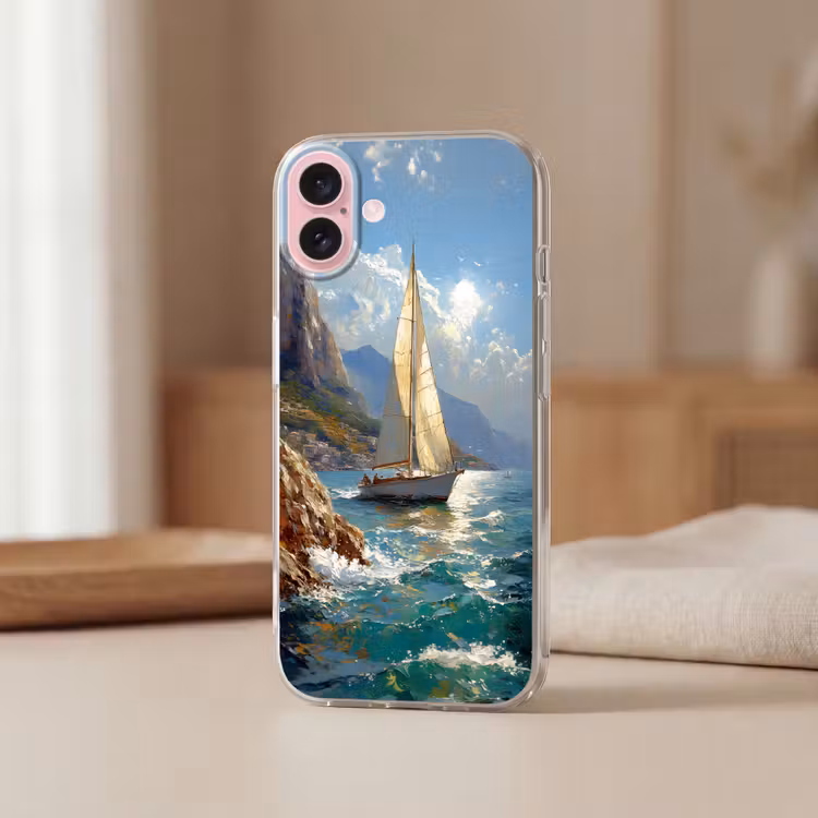 Telefoonhoesje - Zeilschip - Zee - Rotsen - Wolken — 3