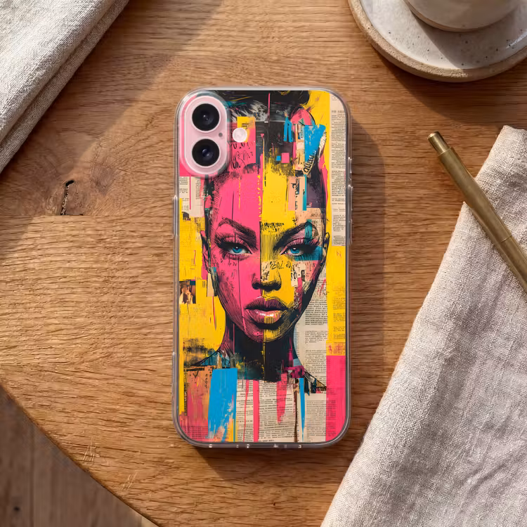 Telefoonhoesje - Vrouwengezicht - Krantenpapier - Abstract - Roze — 2