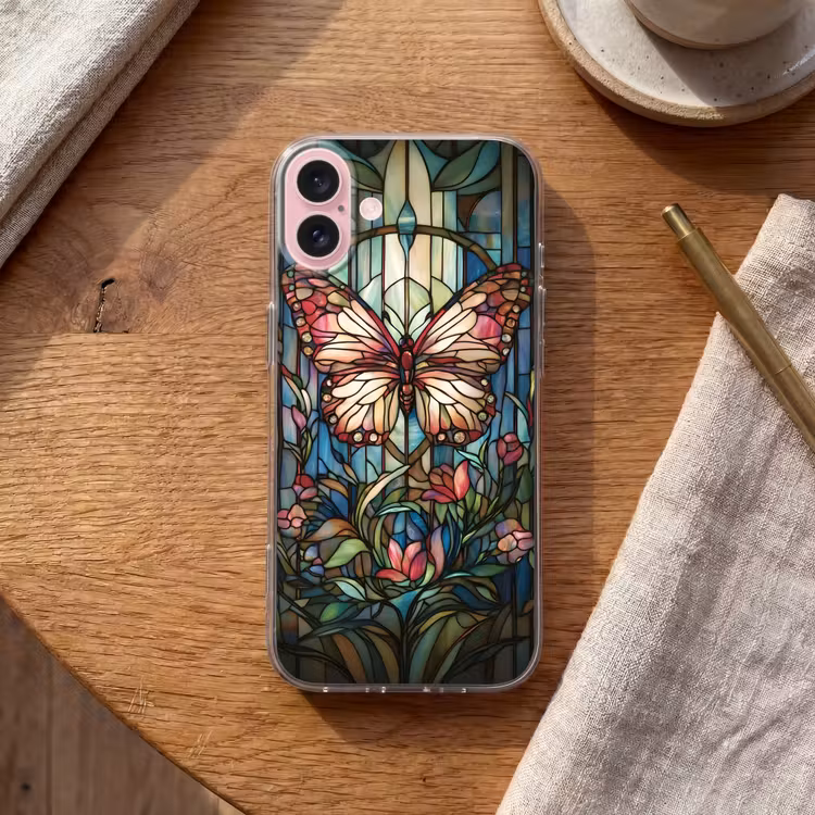 Telefoonhoesje - Vlinder - Roze - Bloemen - Bladeren — 2