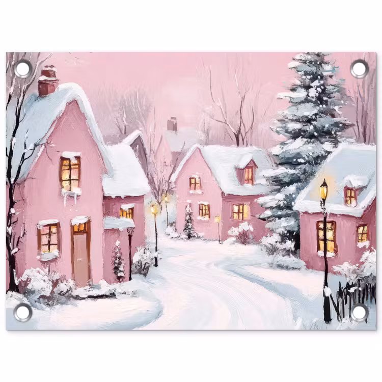Tuinposter - Kerstdorp - Roze - Winter - Sneeuw - Huizen — 1