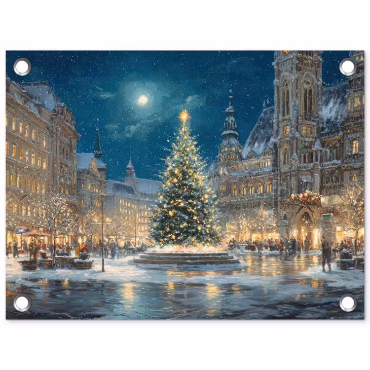Tuinposter - Kerstnacht - Stadsplein - Meerkleurig — 1