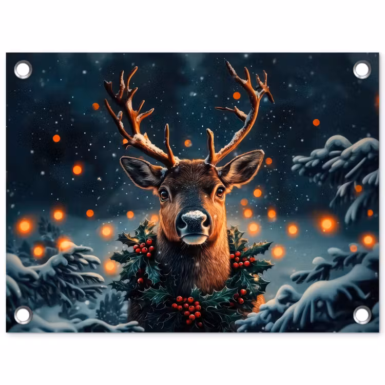 Tuinposter - Hert - Kerst - Winter - Sneeuw - Kerstkrans — 1