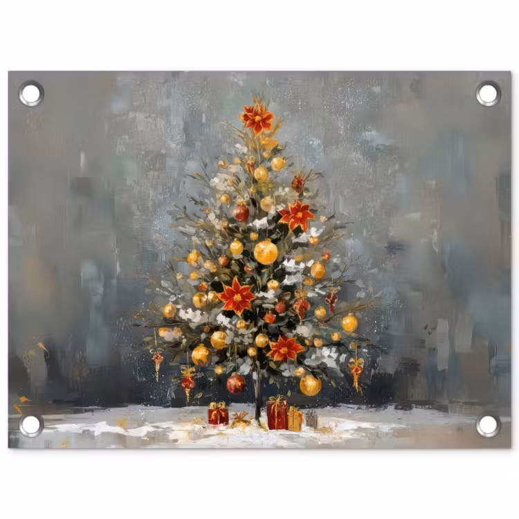 Tuinposter - Kerstboom - Cadeaus - Rood - Goud — 1