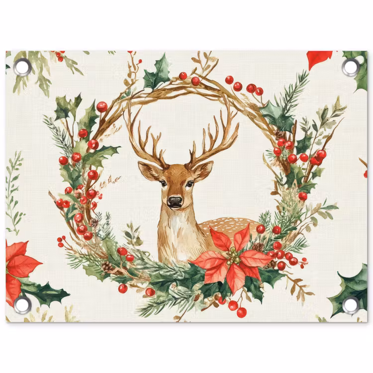 Tuinposter - Kerstkrans - Hert - Hulst - Rood — 1