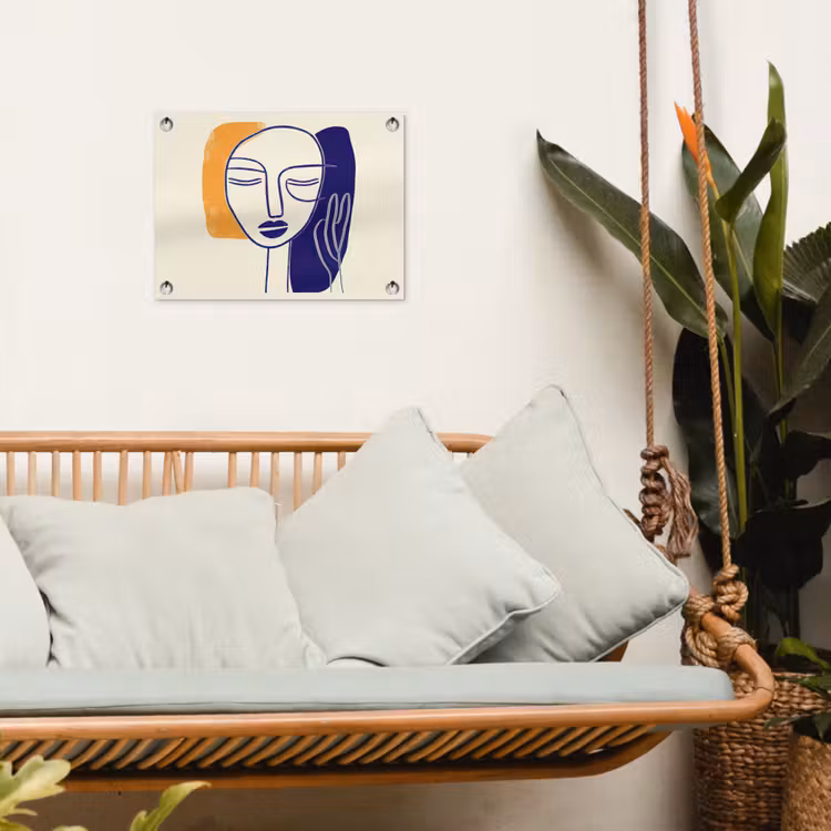 Tuinposter - Minimalistisch - Gezicht - Hand - Oranje - Blauw — 5
