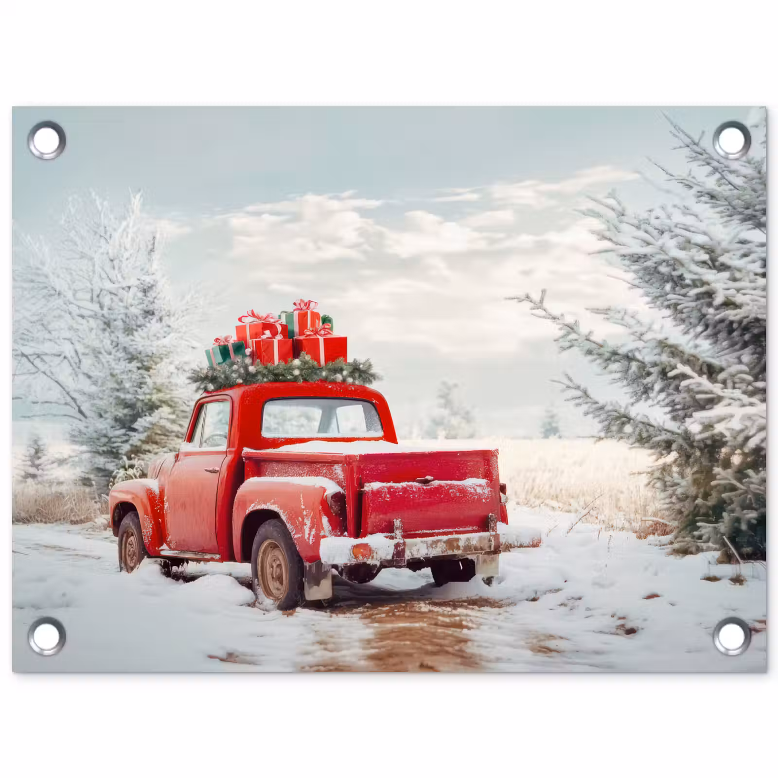 Tuinposter - Auto - Rood - Cadeaus - Winter - Sneeuw - Kerst — 1