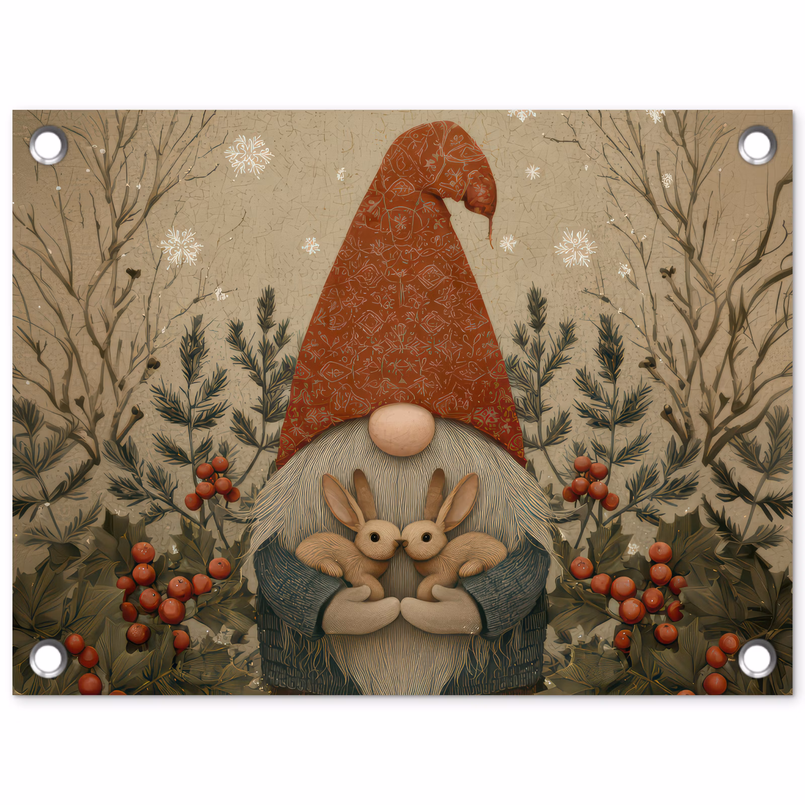 Tuinposter - Kerstgnome - Konijntjes - Kleurrijk — 1