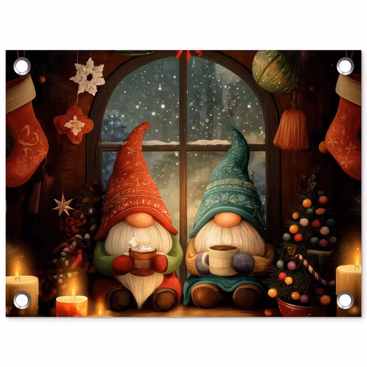 Tuinposter - Gnooms - Kerst - Raam - Kleurrijk — 1