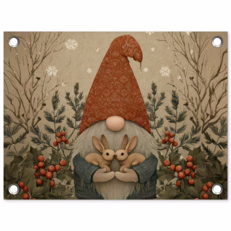 Tuinposter - Kerstgnome - Konijntjes - Kleurrijk — 1