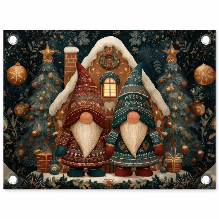 Tuinposter - Kerst - Gnomen - Peperkoekhuisje - Rood - Groen — 1