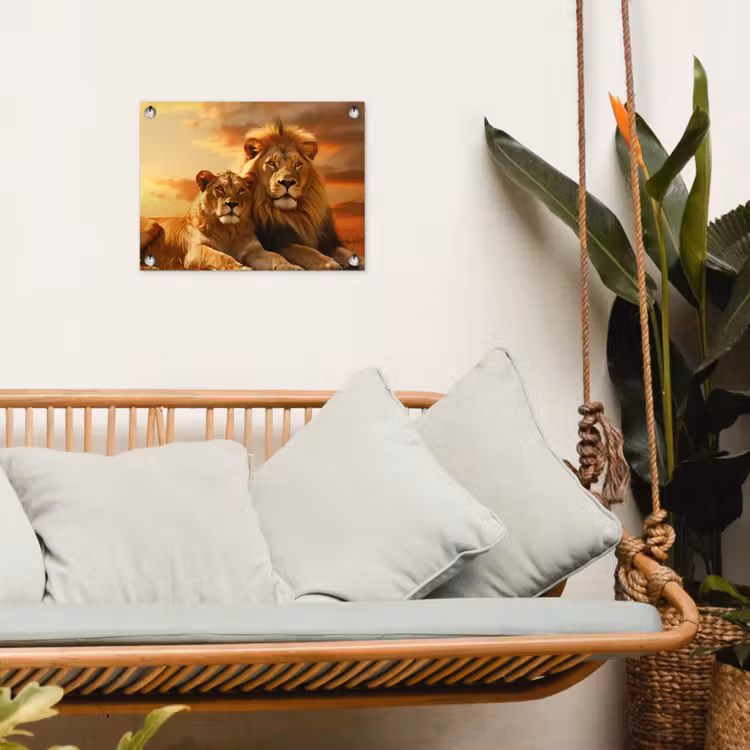 Tuinposter - Leeuwenpaar bij zonsondergang — 5