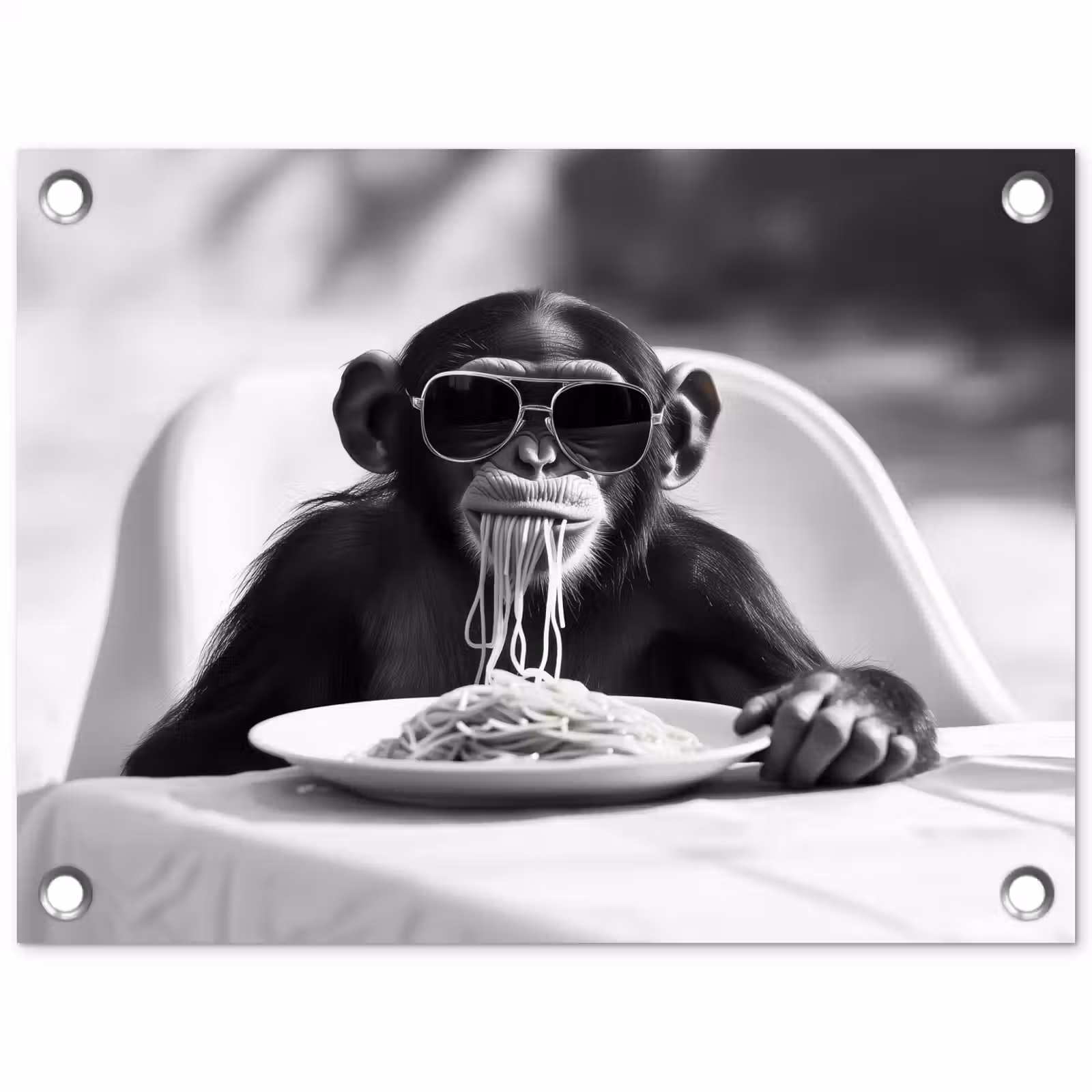 Tuinposter - Aap - Spaghetti - Zonnebril - Zwart wit - Cool - Dier — 1