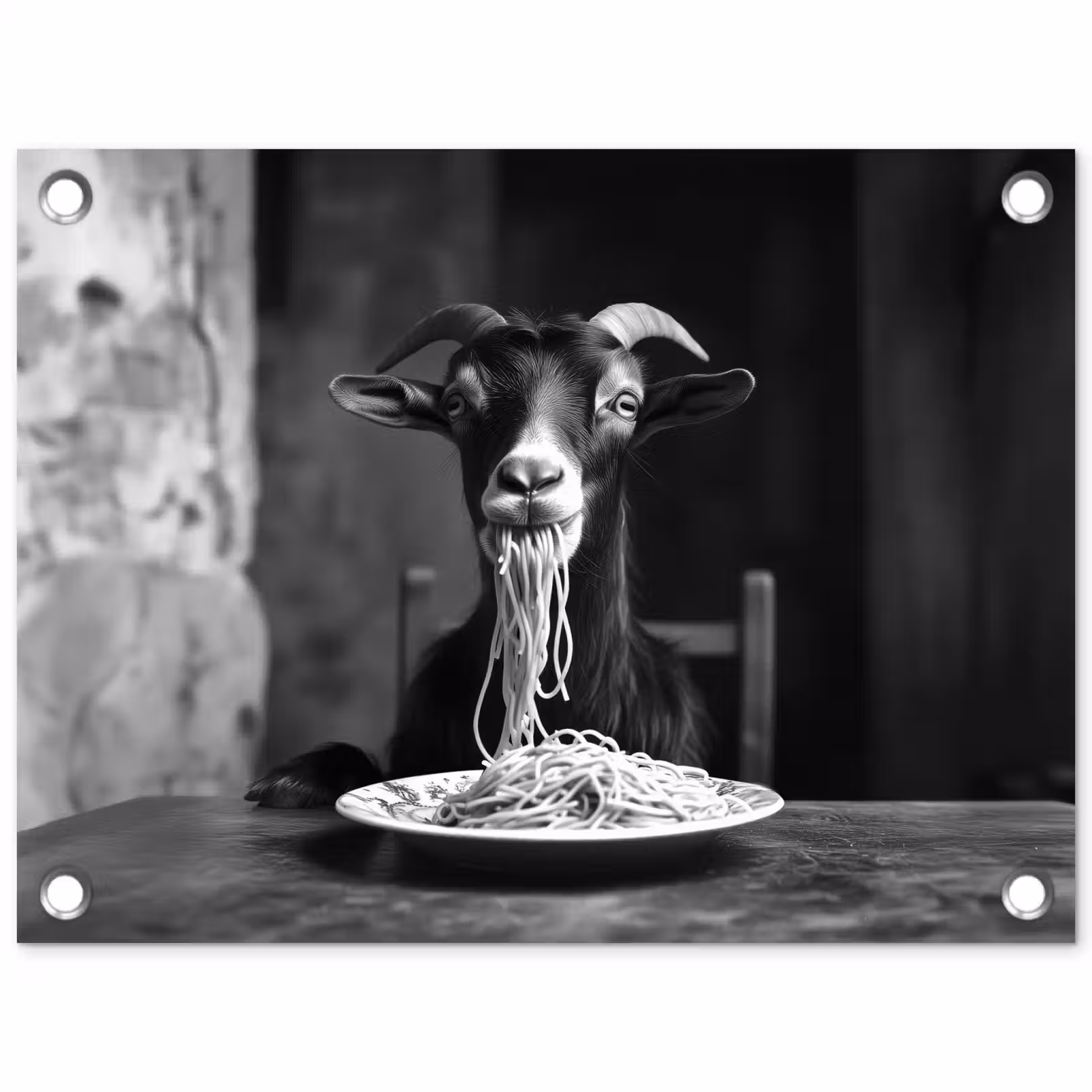 Tuinposter - Geit - Bord - Spaghetti - Zwart Wit — 1