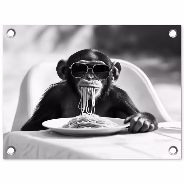 Tuinposter - Aap - Spaghetti - Zonnebril - Zwart wit - Cool - Dier — 1