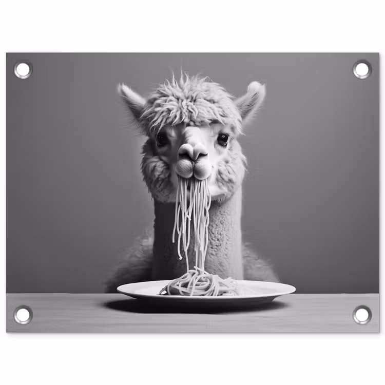 Tuinposter - Alpaca - Pasta - Zwart - Wit - Grappig - Dieren — 1