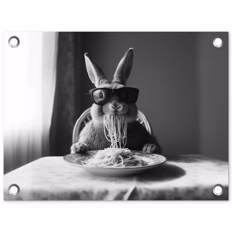 Tuinposter - Konijn - Bunny - Zonnebril - Tafelkleed - Pasta - Schattig — 1