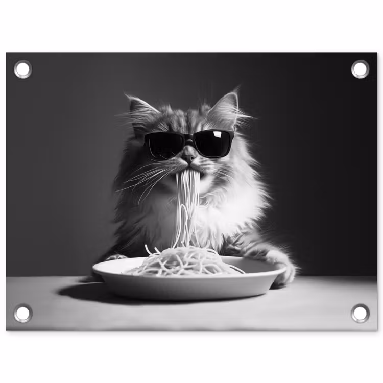 Tuinposter - Langharige kat - Zonnebril - Spaghetti - Humor - Zwart - wit — 1