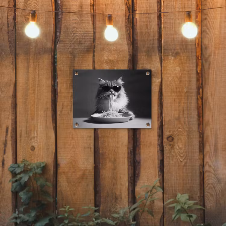 Tuinposter - Langharige kat - Zonnebril - Spaghetti - Humor - Zwart - wit — 2
