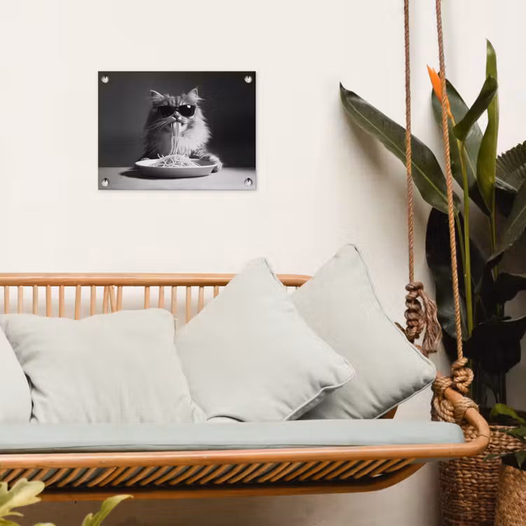 Tuinposter - Langharige kat - Zonnebril - Spaghetti - Humor - Zwart - wit — 5