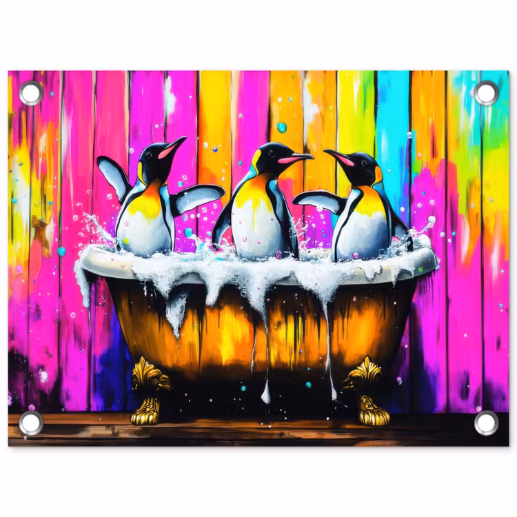 Tuinposter - Pinguïns - Badkuip - Kleurrijk - Schuim — 1