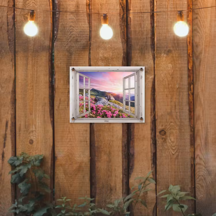 Tuinposter - Bergen - Landschap - Doorkijk - Bloemen - Avond - Roze — 2