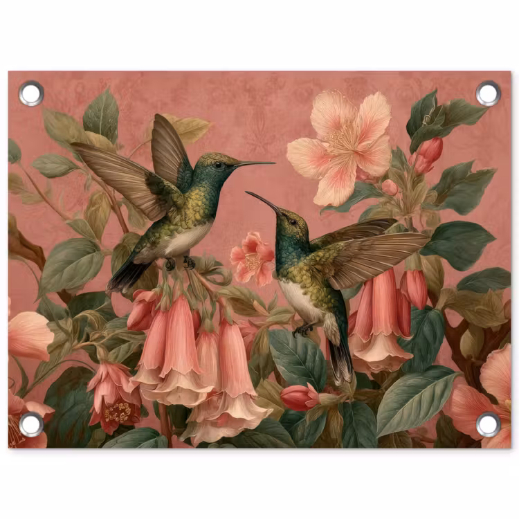 Tuinposter - Kolibries - Bloemen - Groen - Roze — 1