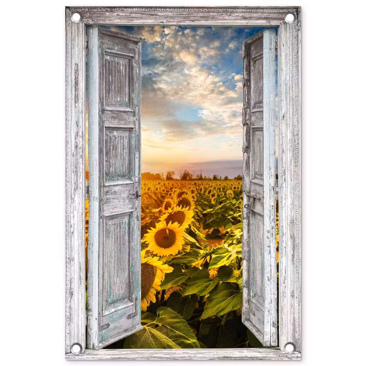 Tuinposter - Oude deuren naar zonnebloemveld — 1