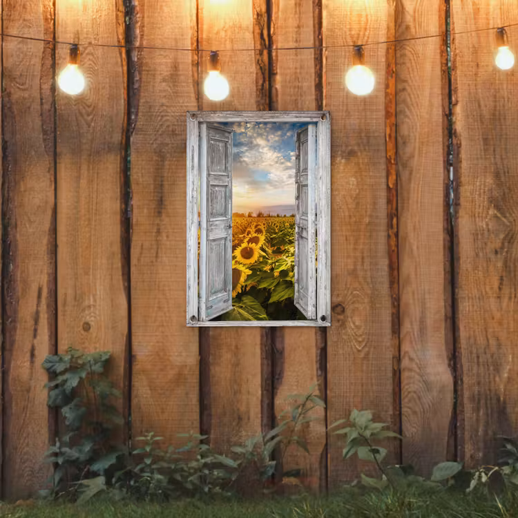 Tuinposter - Oude deuren naar zonnebloemveld — 2