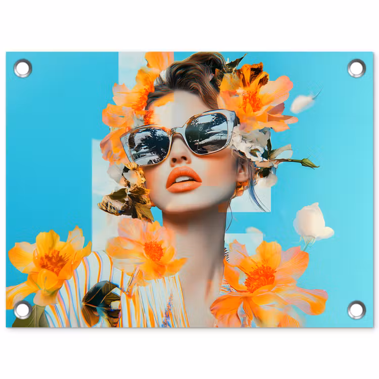 Tuinposter - Bloemen - Vrouw - Zonnebril - Blauw — 1