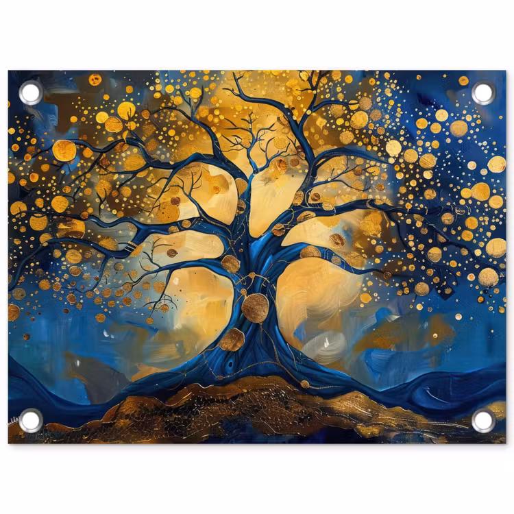 Tuinposter - Boom - Levensboom - Blauw - Goud — 1