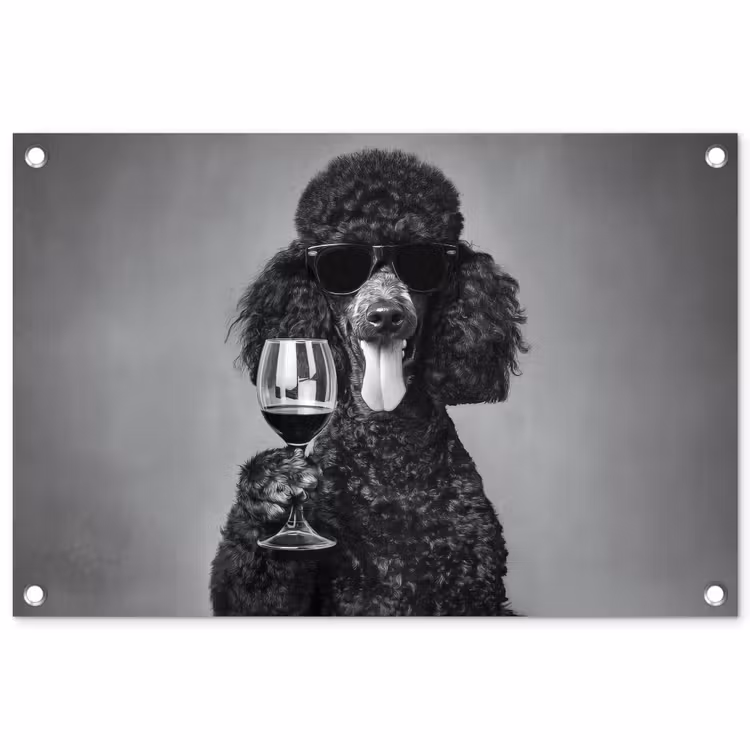 Tuinposter - Hond - Krullen - Zonnebril - Wijn — 1