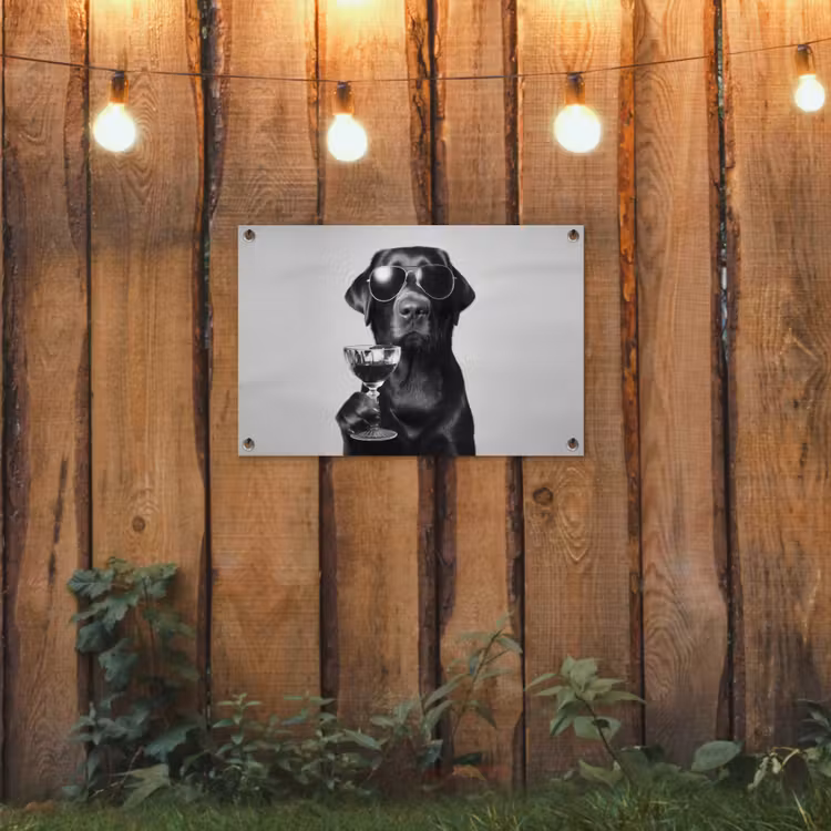 Tuinposter - Hond - Zwart - Wijnglas - Zonnebril — 2