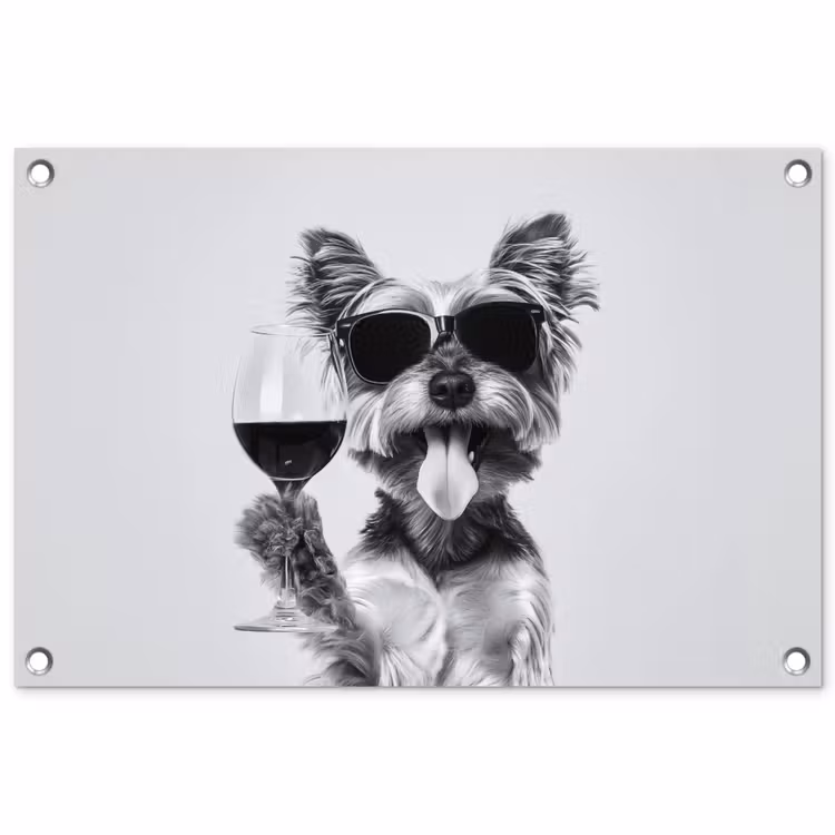Tuinposter - Hondje - Wijnglas - Zonnebril - Enthousiast — 1