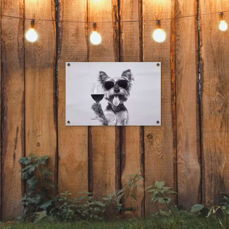 Tuinposter - Hondje - Wijnglas - Zonnebril - Enthousiast — 2