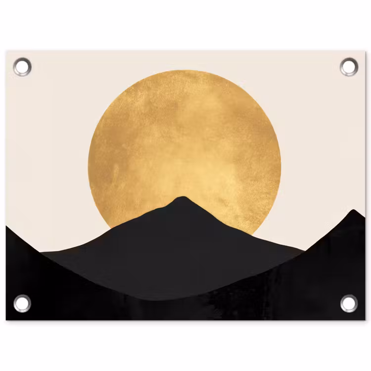 Tuinposter - Bergsilhouetten - Gouden cirkel - Beige — 1