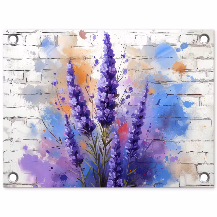 Tuinposter - Lavendel op Witte Bakstenen Muur — 1
