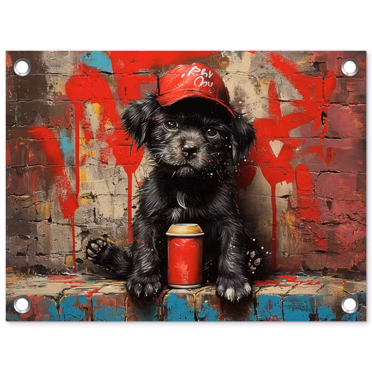 Tuinposter - Puppy met Rode Pet en Spuitbus — 1