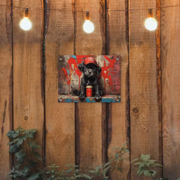 Tuinposter - Puppy met Rode Pet en Spuitbus — 2