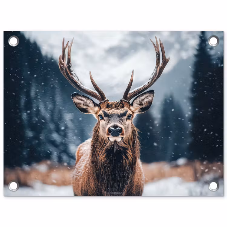 Tuinposter - Hert - Winter - Hertenkop - Sneeuw - Gewei — 1