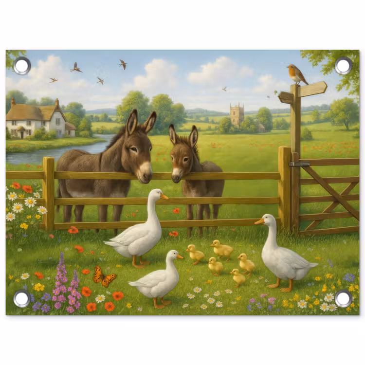Tuinposter - Ezels - Ganzen - Kleurrijk — 1