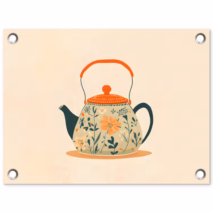 Tuinposter - Oranje - Theepot - Bloemen - Bladeren — 1