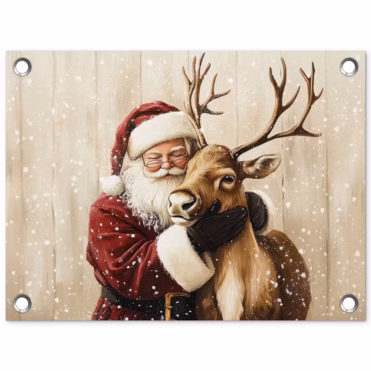Tuinposter - Kerstman - Rendier - Sneeuw - Kleurrijk — 1