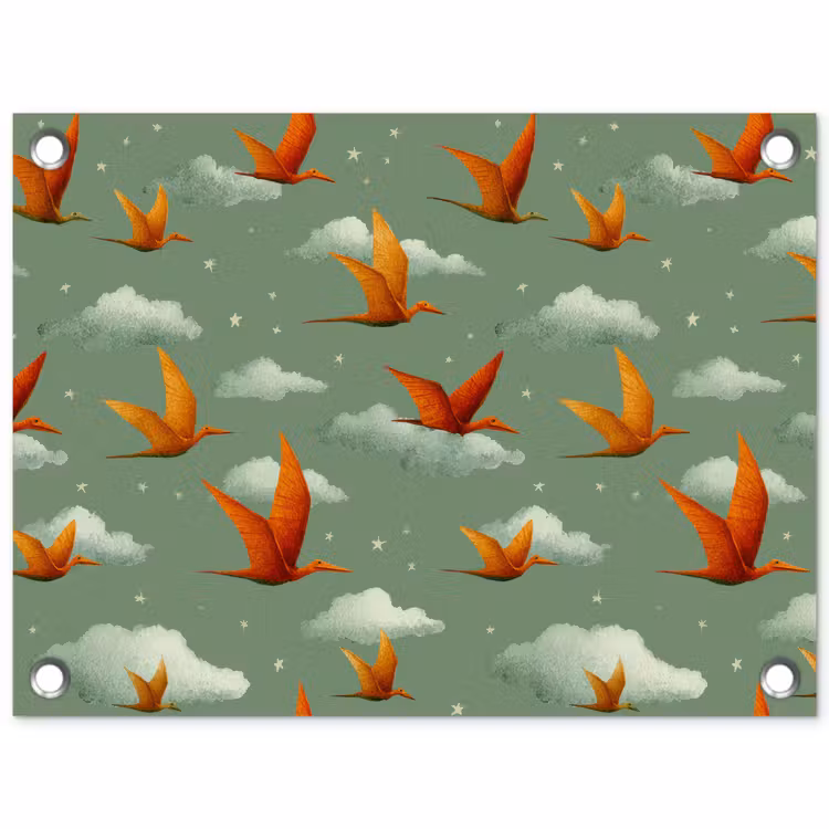 Tuinposter - Dinosaurussen - Wolken - Sterren - Oranje — 1
