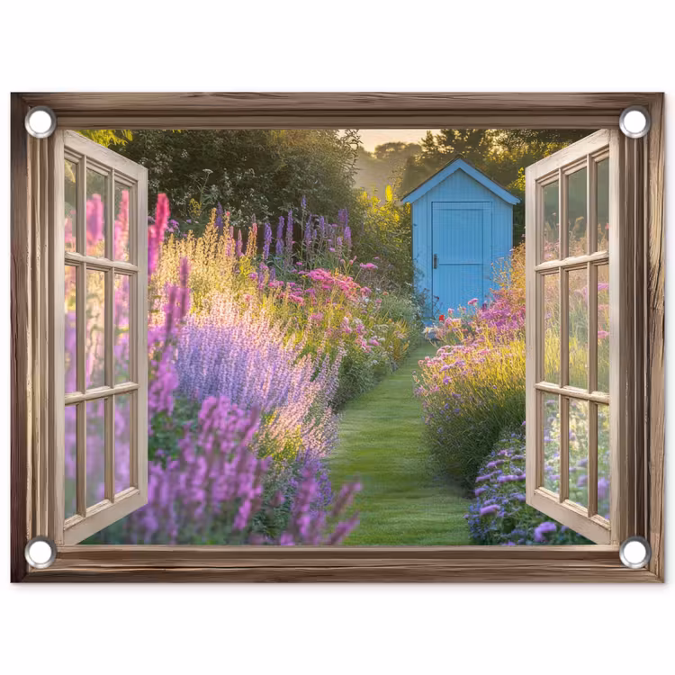 Tuinposter - Doorkijk - Bloemen - Raam - Natuur — 1