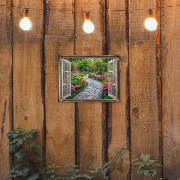 Tuinposter - Doorkijk - Bloemen - Tuinpad - Natuur - Raam — 2