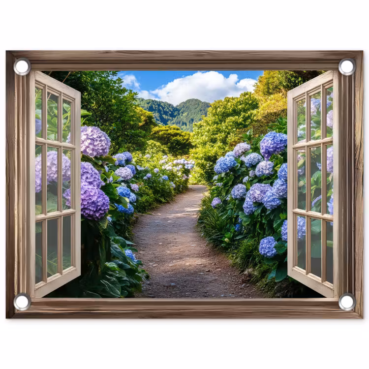 Tuinposter - Doorkijk - Hortensia - Pad - Natuur — 1