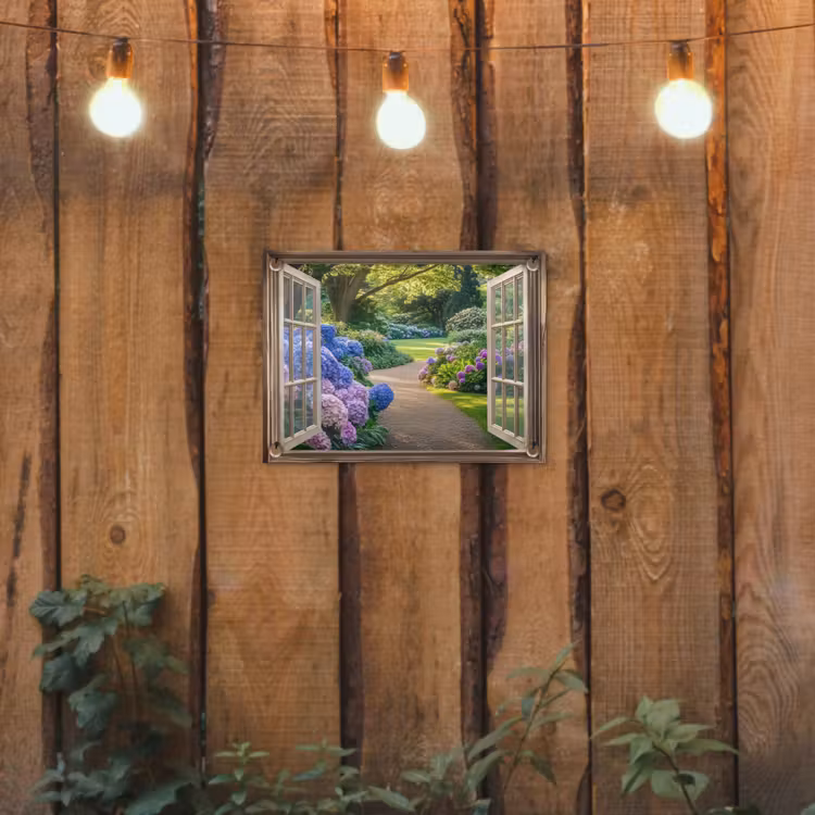 Tuinposter - Doorkijk - Tuin - Raam - Hortensia - Bloemen — 2