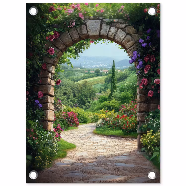 Tuinposter - Doorkijk - Landschap - Bloemen - Pad - Uitzicht — 1