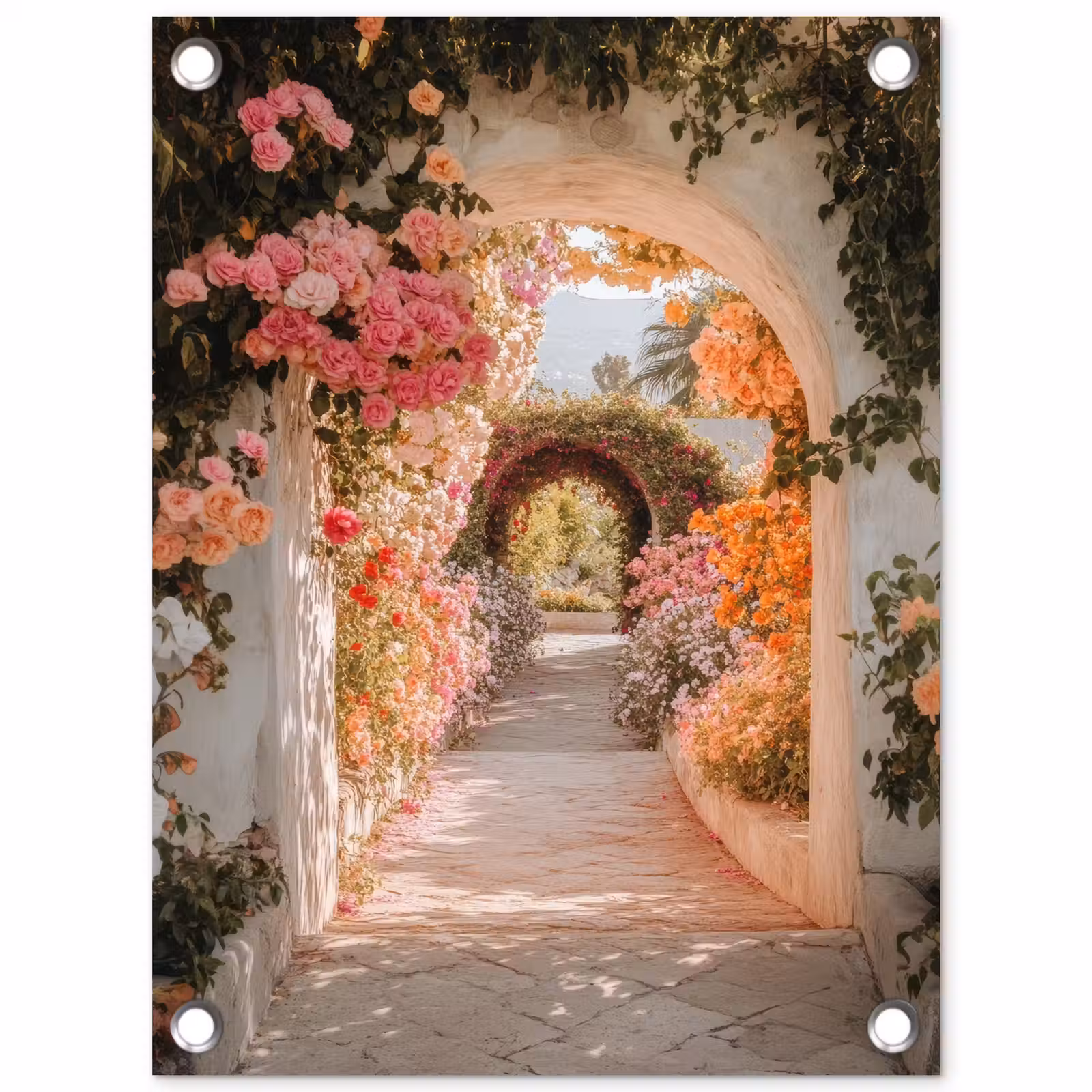Tuinposter - Doorkijk - Boog - Bloemen - Pastel — 1