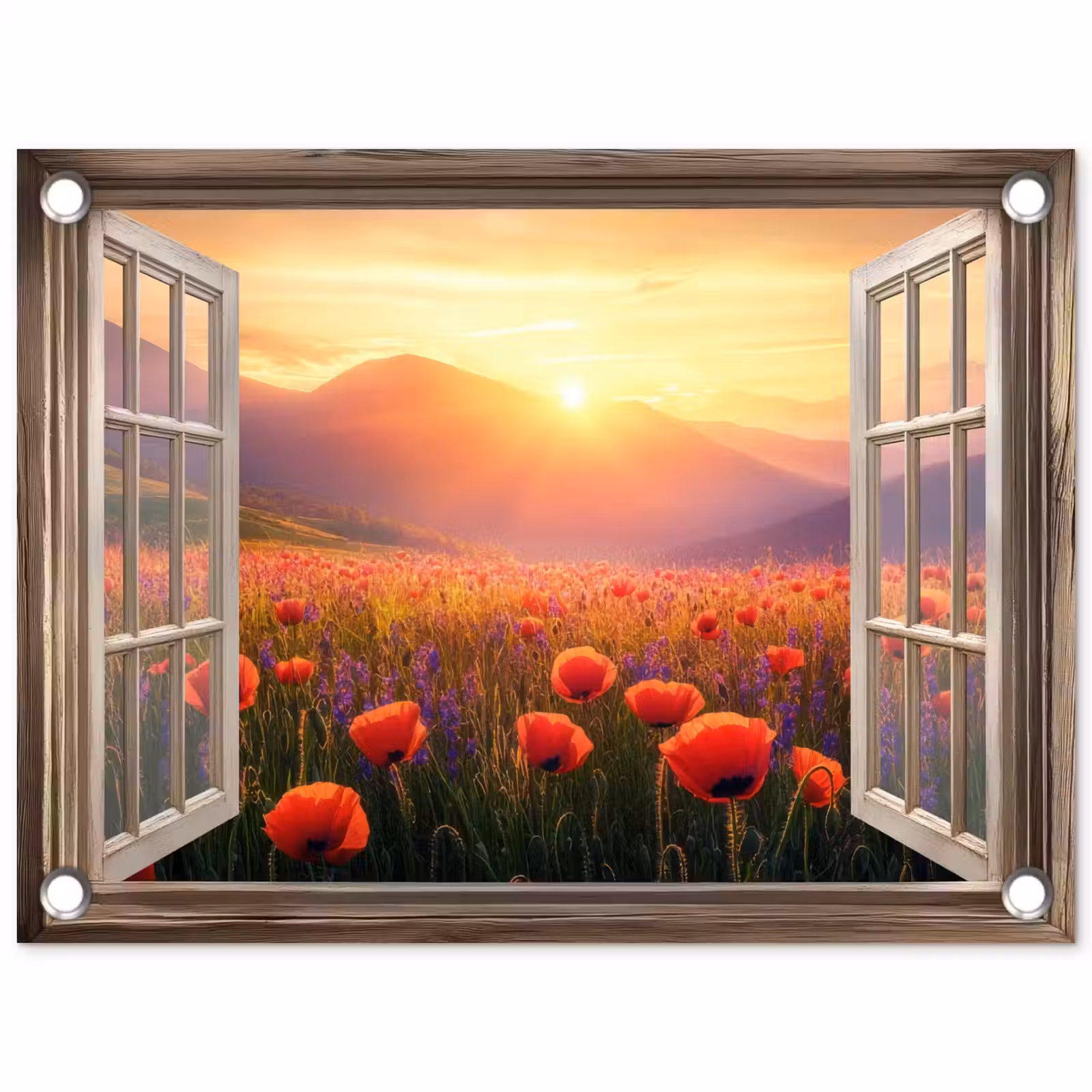Tuinposter - Doorkijk - Klaprozen - Bloemen - Rood - Open raam — 1